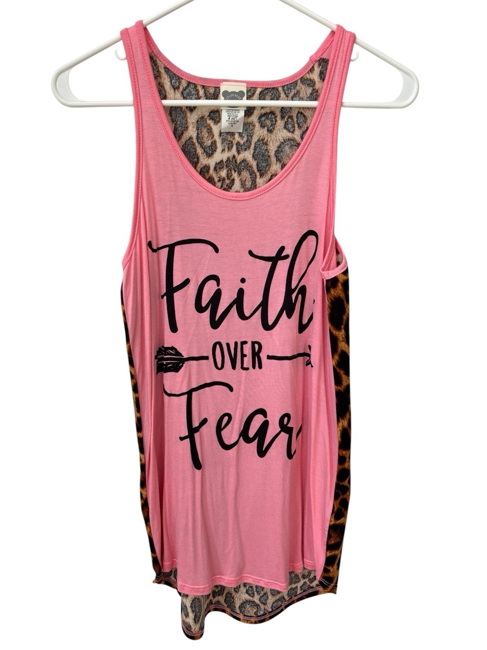 Faith Over Fear Graphic Tank Top Women’s Small Pink Front Animal Print Back NWOT